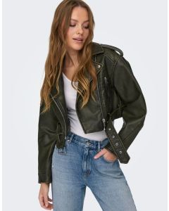 Only Ella Faux Leather Cropped Biker Jacket in Washed Black 