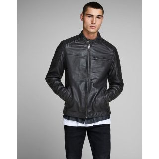 jack and jones rocky leather jacket in black