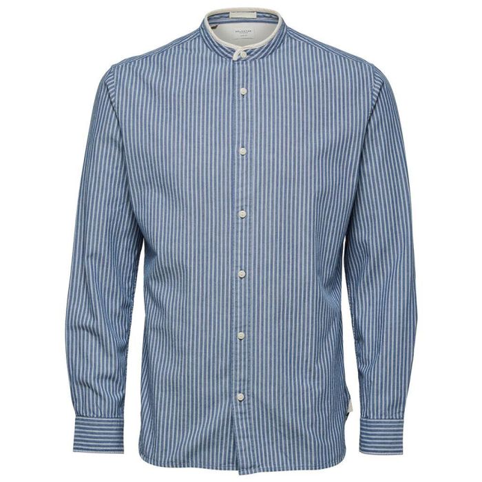 mens selected homme colin stripe cotton shirt in white and blue