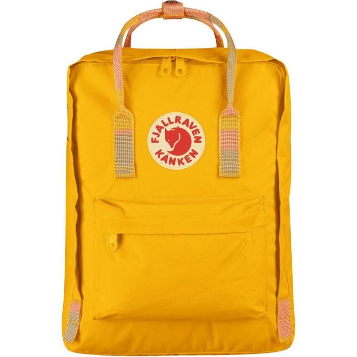 unisex fjallraven kanken backpack in warm yellow and blocked handle