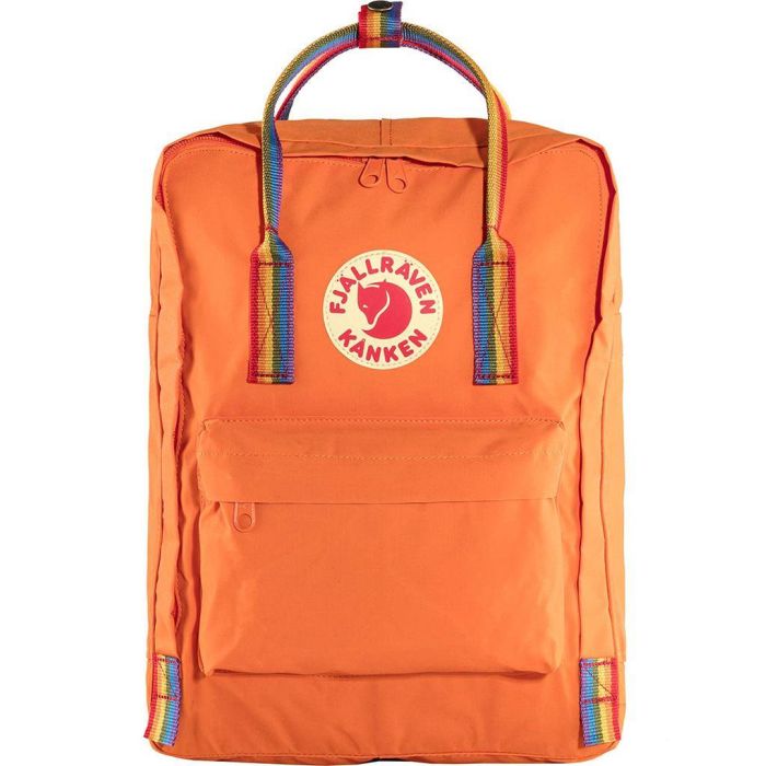 fjallraven rainbow kanken backpack in bright orange