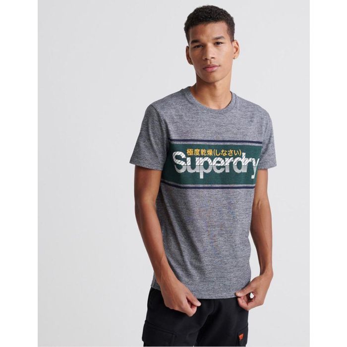 mens superdry core logo striped t-shirt in grey twill
