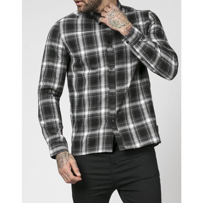 religion warning shirt in grey and black check