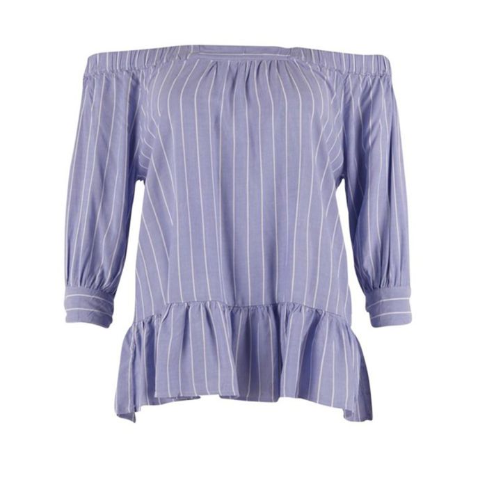 off the shoulder top in blue pinstripe 