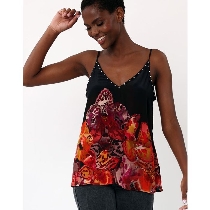Religion Hand-Painted Flower Camisole with a Studded Neckline