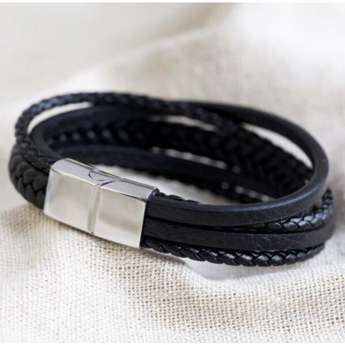 Braided Black Leather Wrist Band Multi Strand Personalized Engraved Br –  ZIVOM
